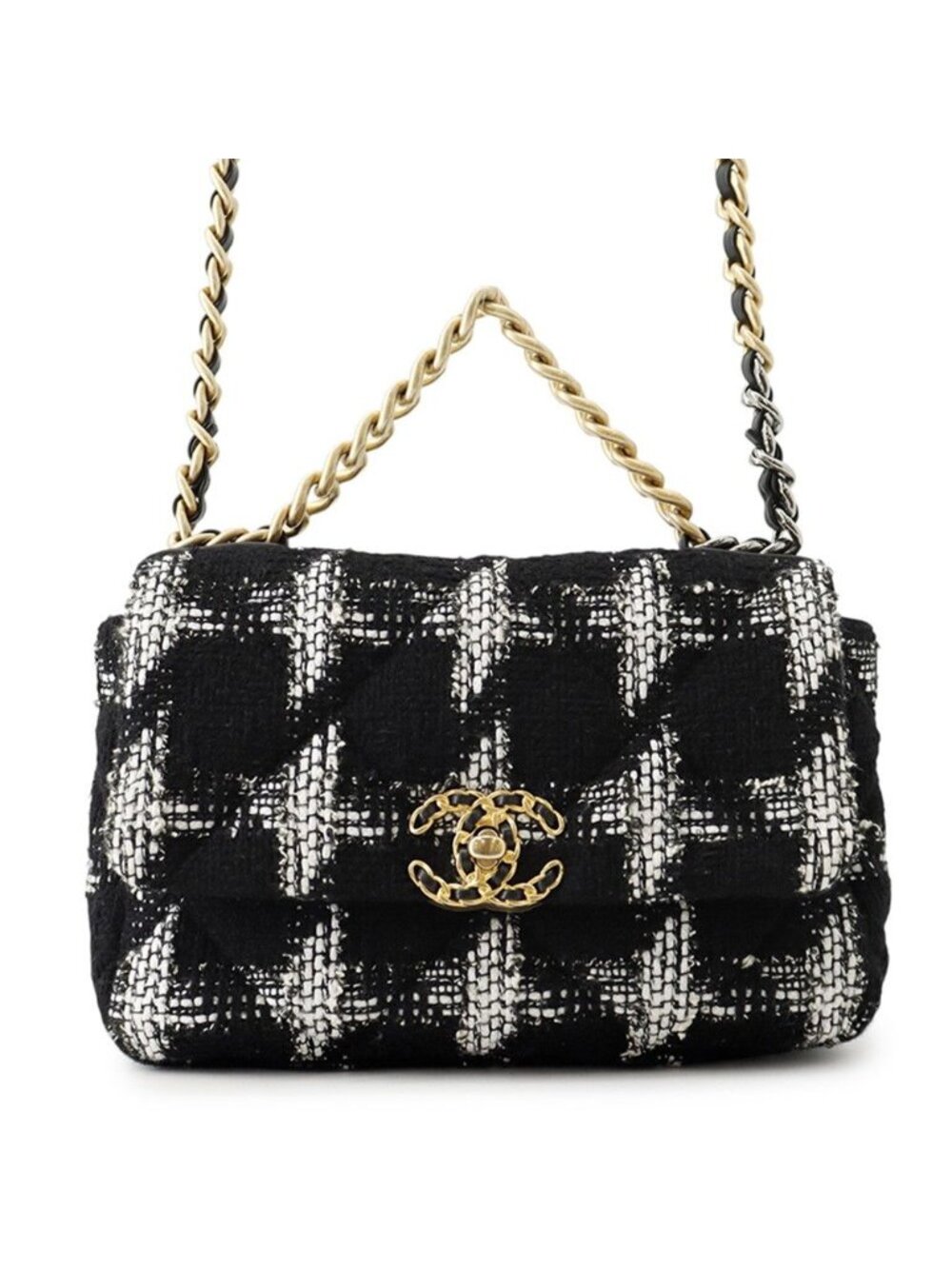 Chanel Chain Shoulder Bag 19 Flap CC Logo Tweed Black White